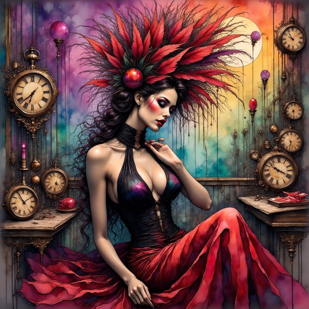 Regal Supermodel in Daliesque Dreamscape with Melting Clocks