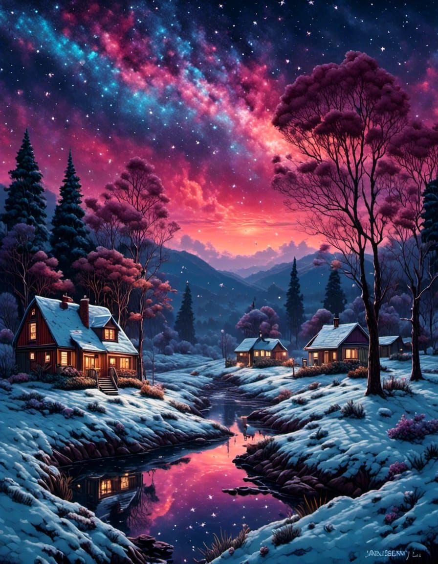 Colorful Winter Night Sky with Galaxy Nebula