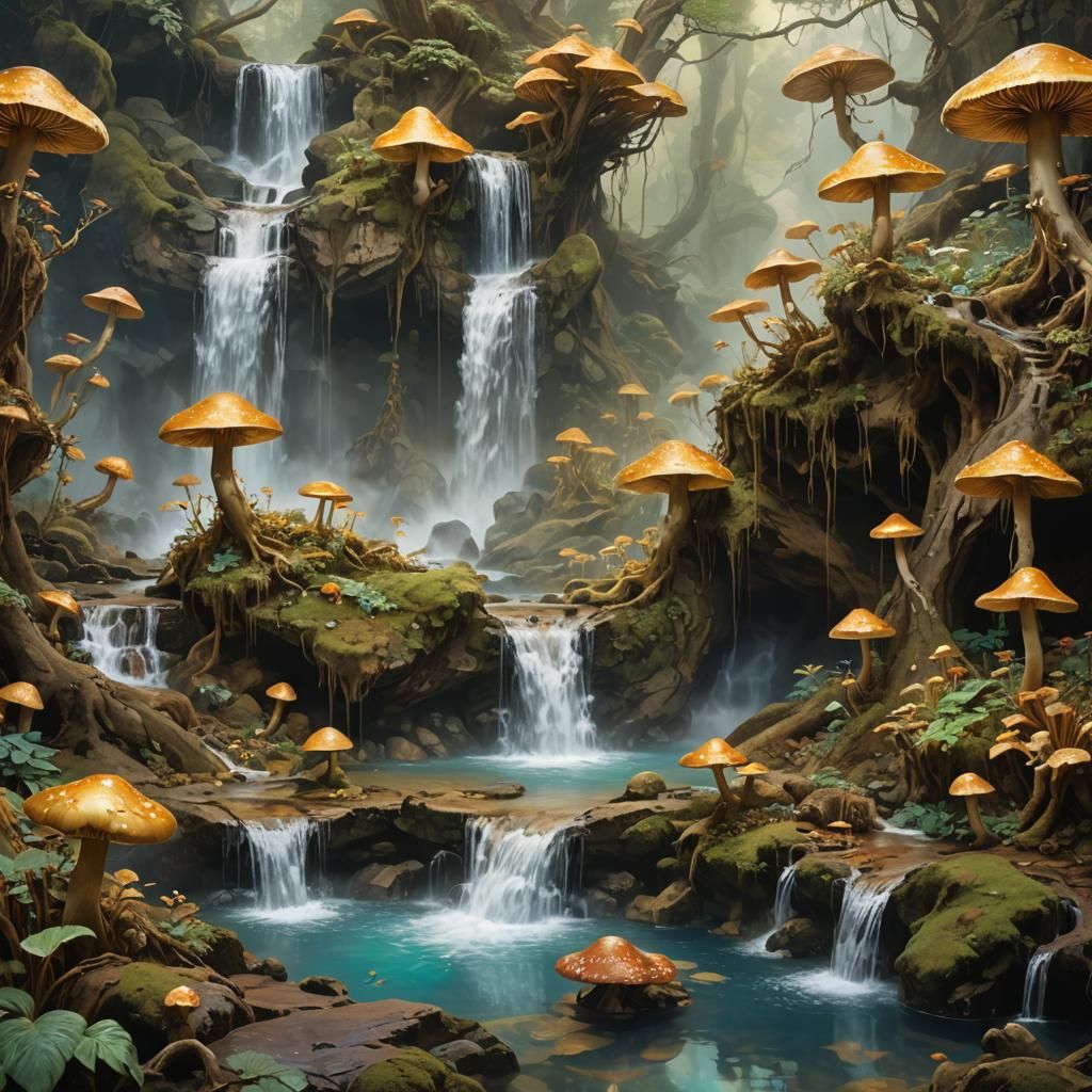 Golden Waterfall in Mystical Grotto: Matte Painting