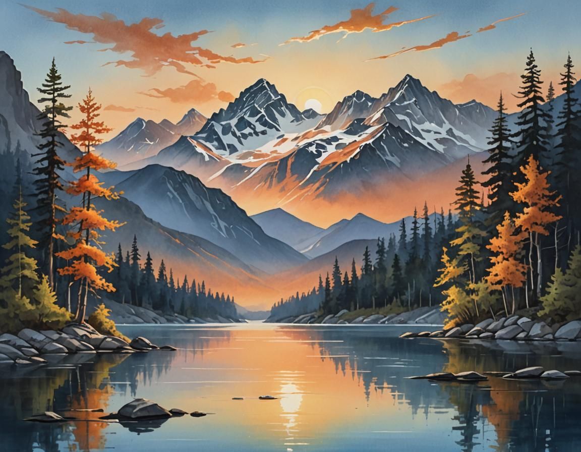 Serene Sunset Over Mountain Lake in Gouache