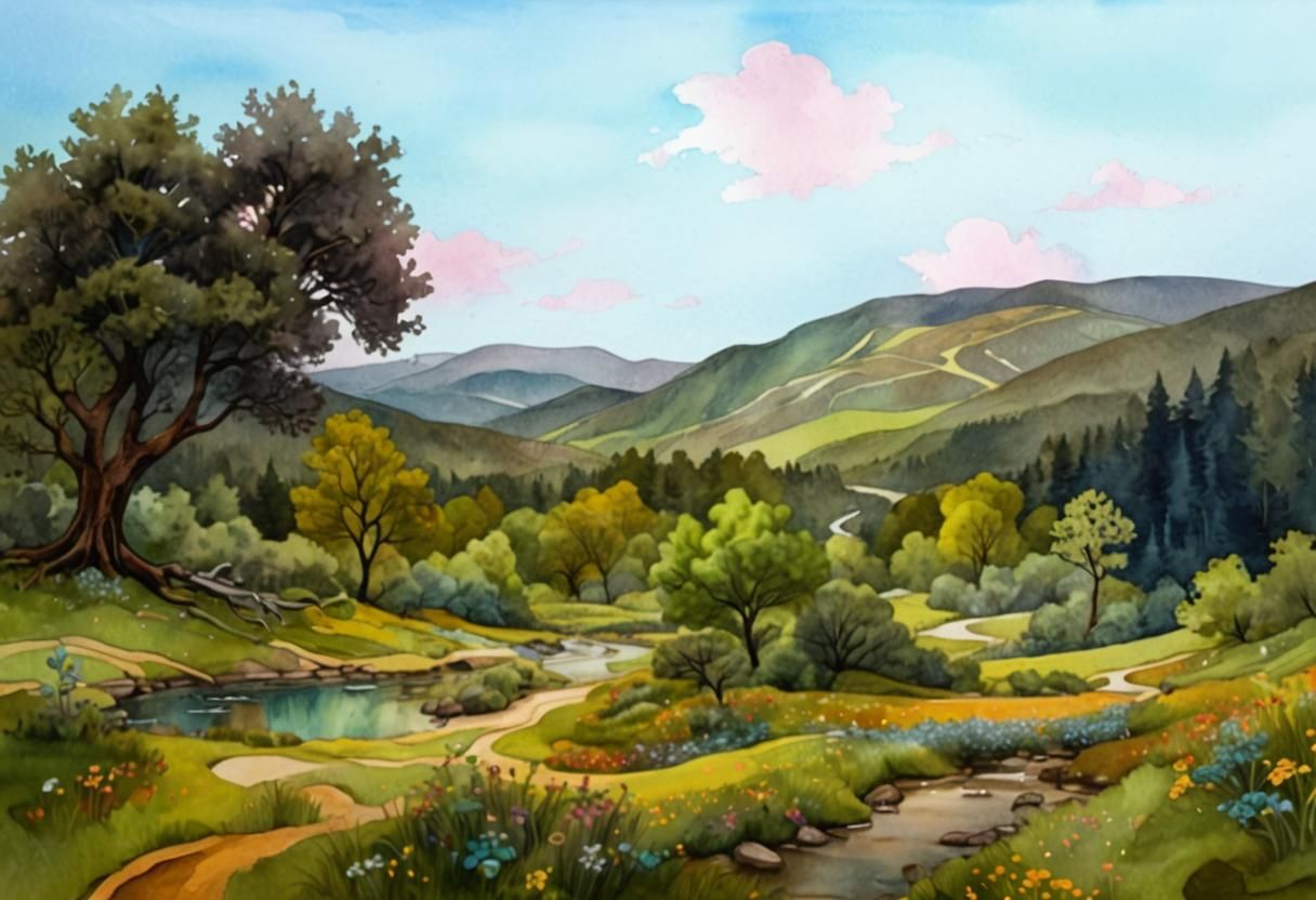 Whimsical River Flows Through Abstract Watercolor Landscape