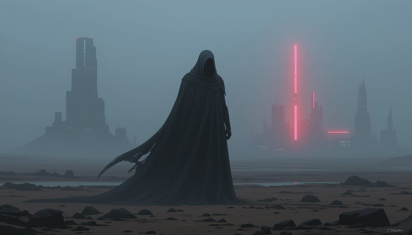 Figure in Mist, Dystopian Landscape Art