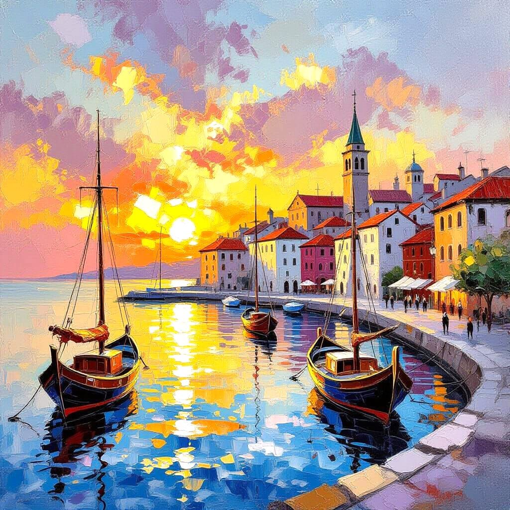 Medieval Harbor Sunset: Watercolor Painting with Intricate D...