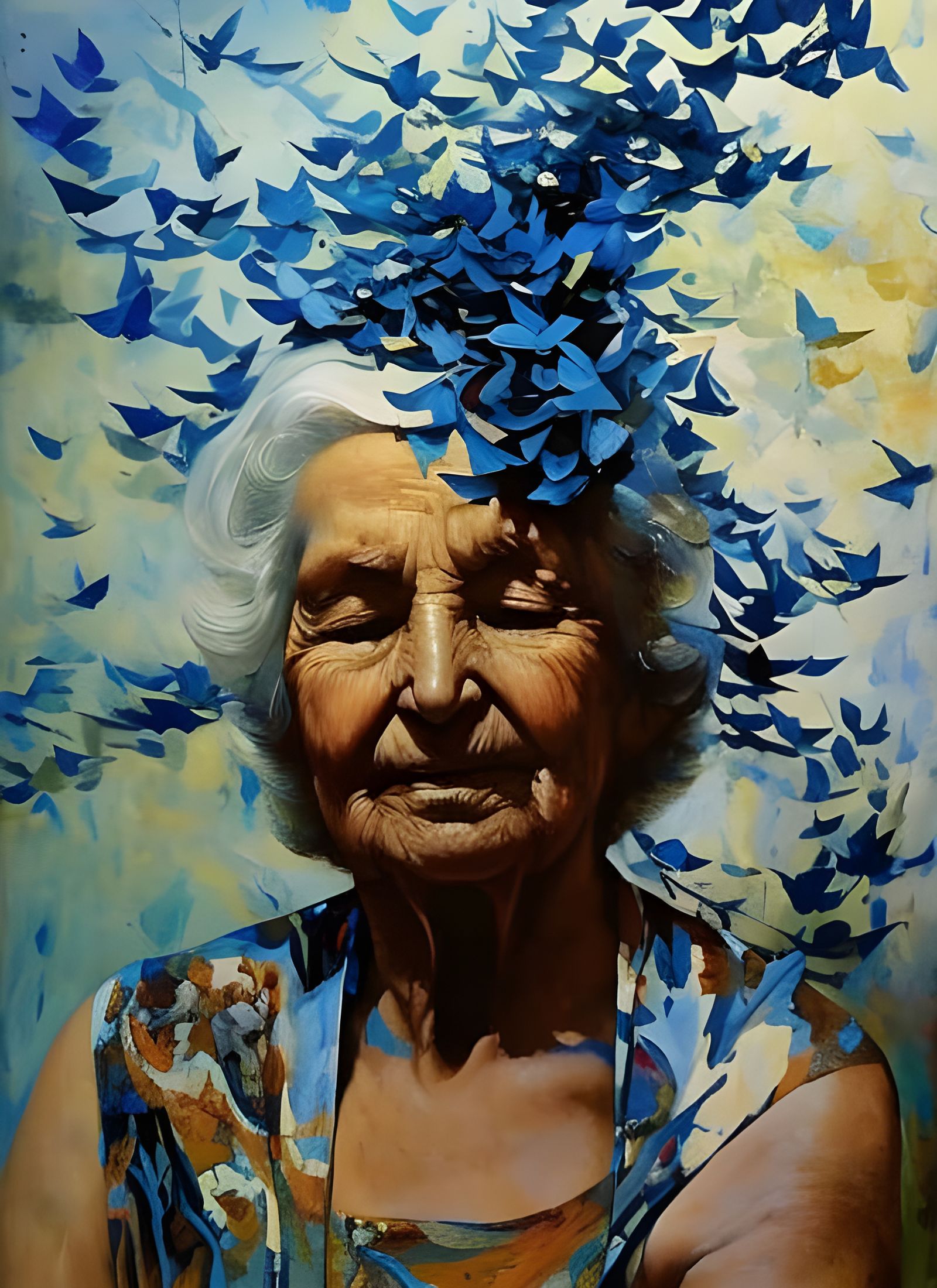 Woman Surrounded by Blue Butterflies, Airbrush Painting