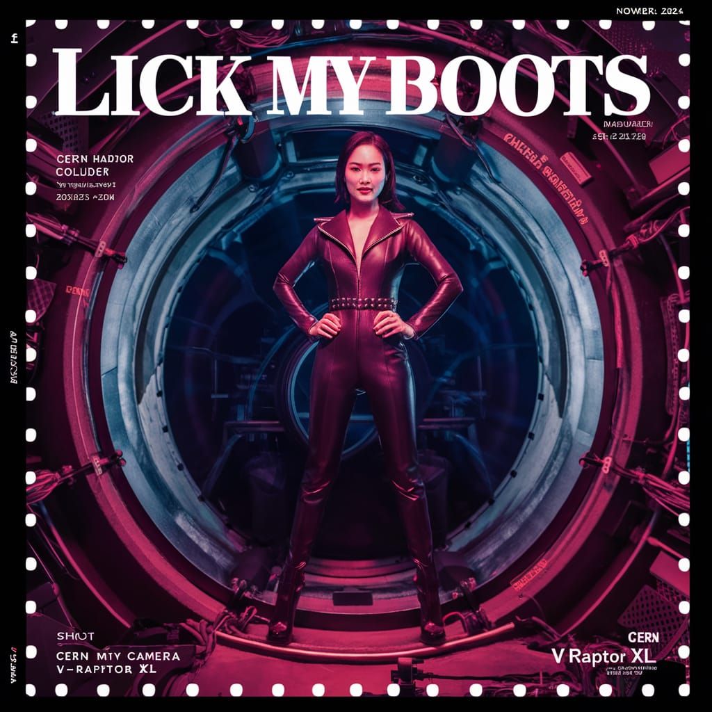 Lucy Liu in Leather Catsuit, Cern Hadron Collider Cover Art