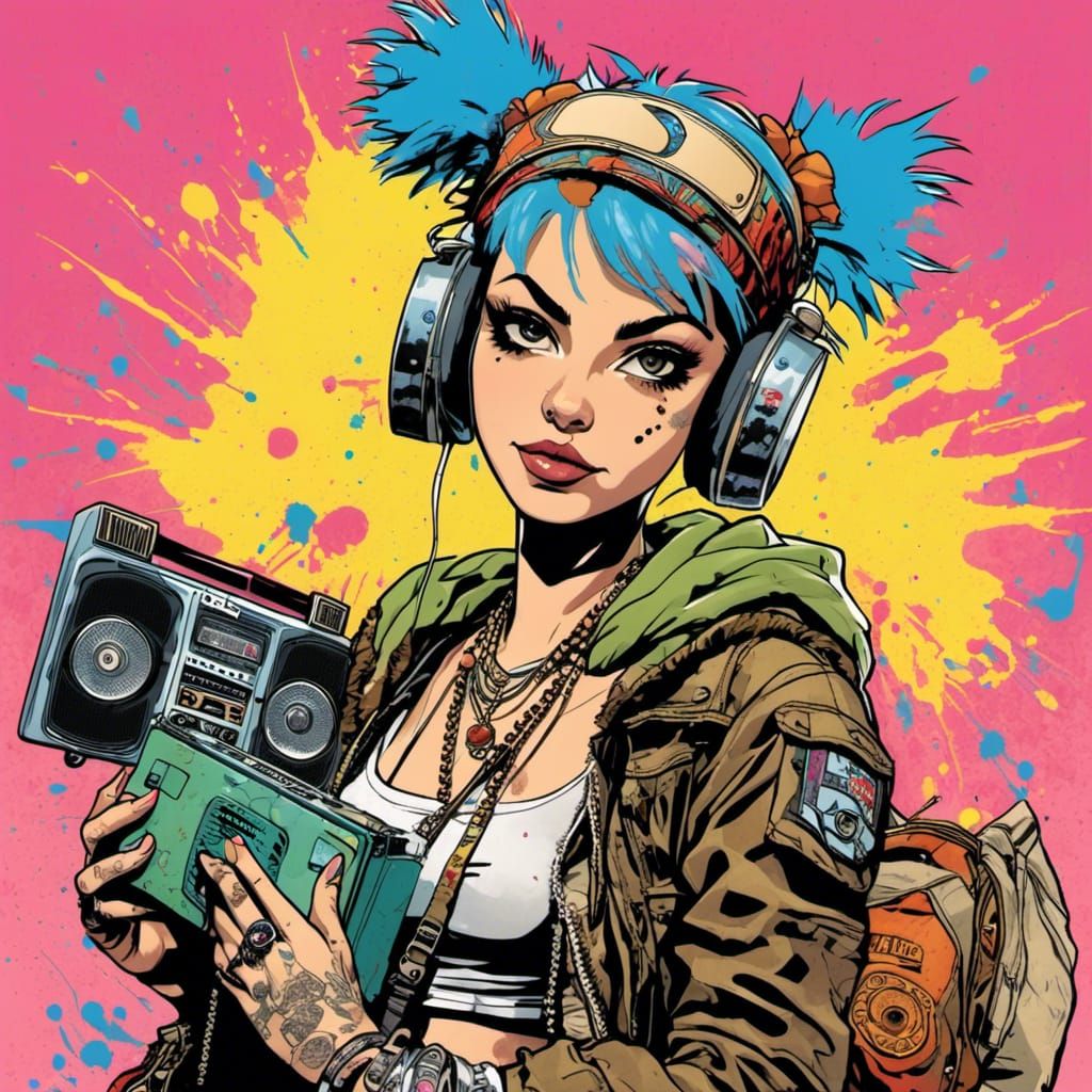 Tank Girl with Boombox in Graffiti Style