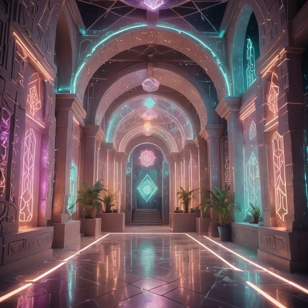 Agharta's Crystal Realm: Neon Aurora and Sacred Geometry