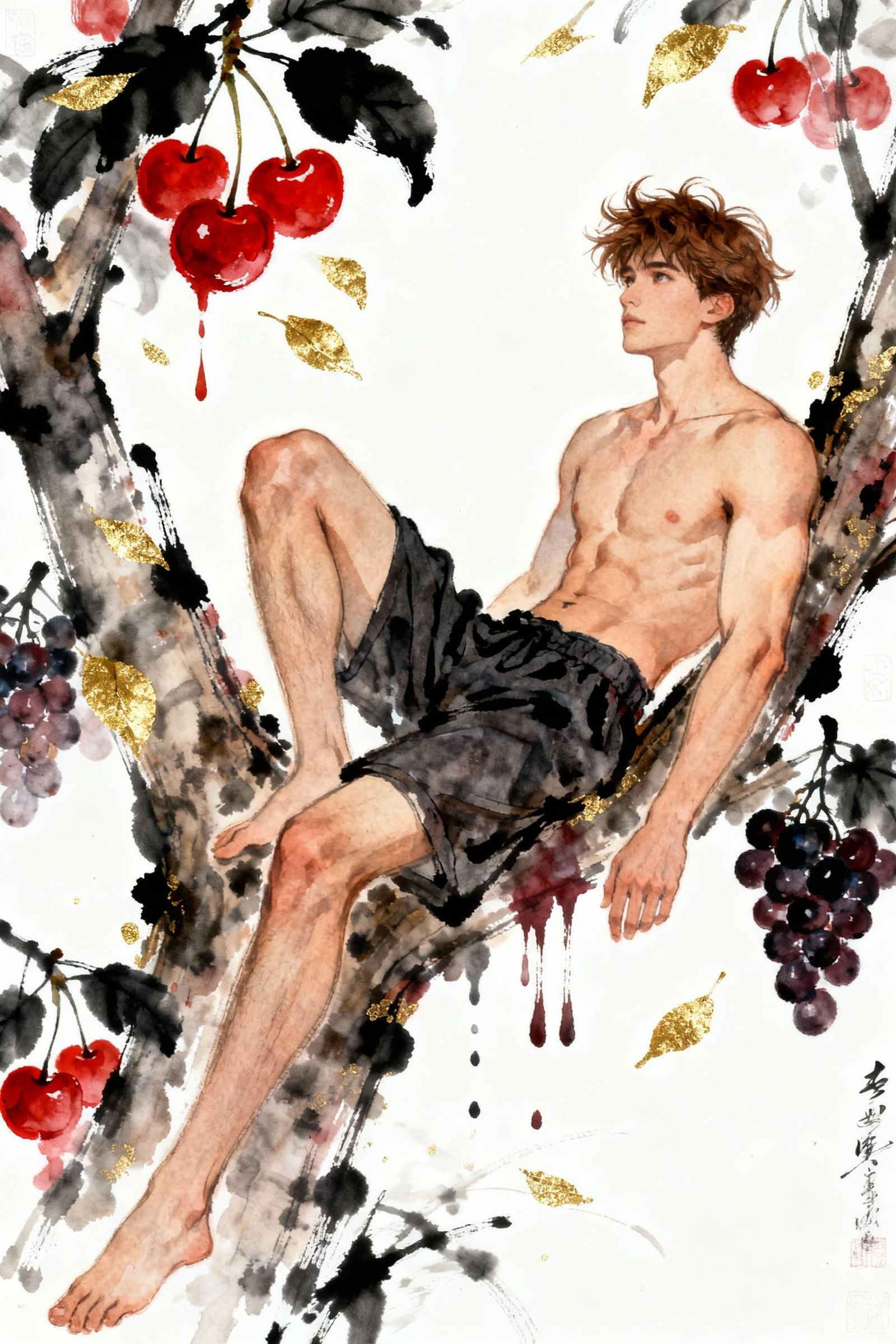 Muscular Man in Cherry Tree, Sensual Art Style