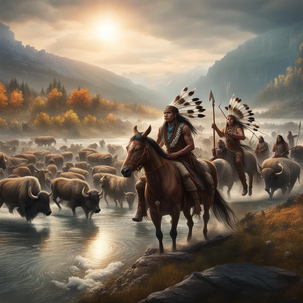Native Americans and Buffalo: Detailed Matte Painting