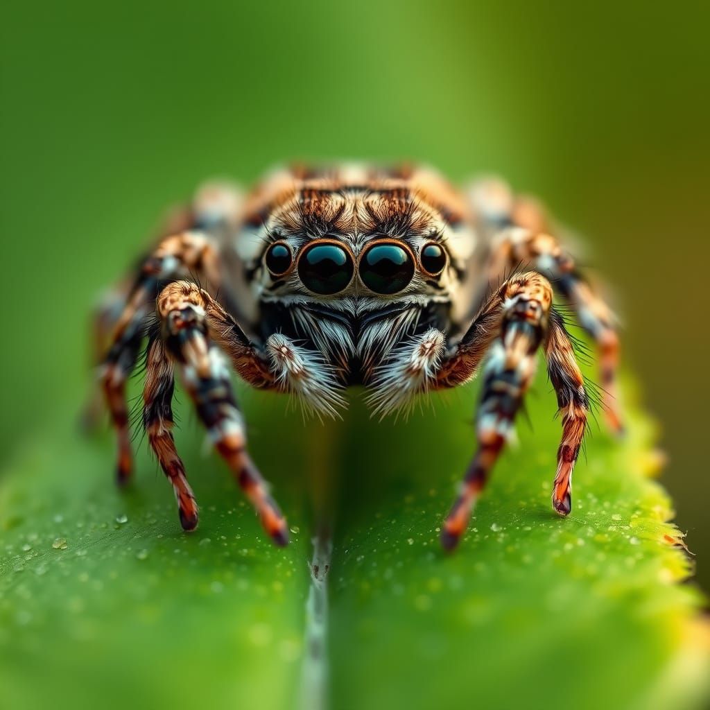 Macro Photo of Furry Jumping Spider on Green Leaf