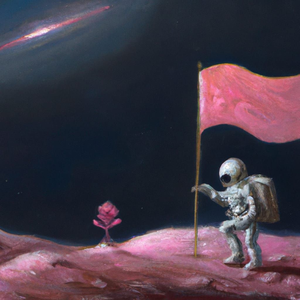 Romantic Skeleton Astronaut Plants Flag on Glittery Moon