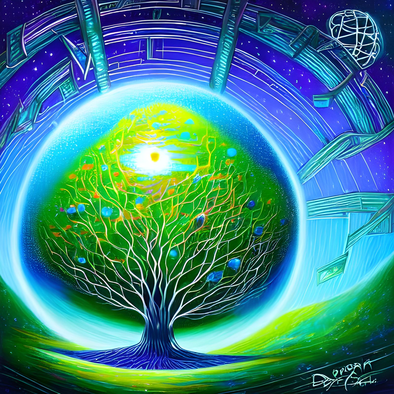Dreamlike World Tree Painting with Glass Orb