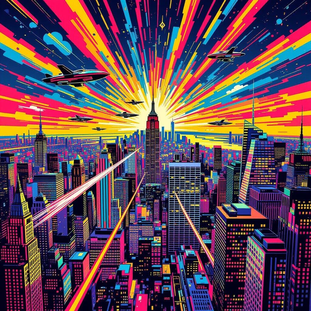 Vibrant Pop Art Cityscape with Flying Cars