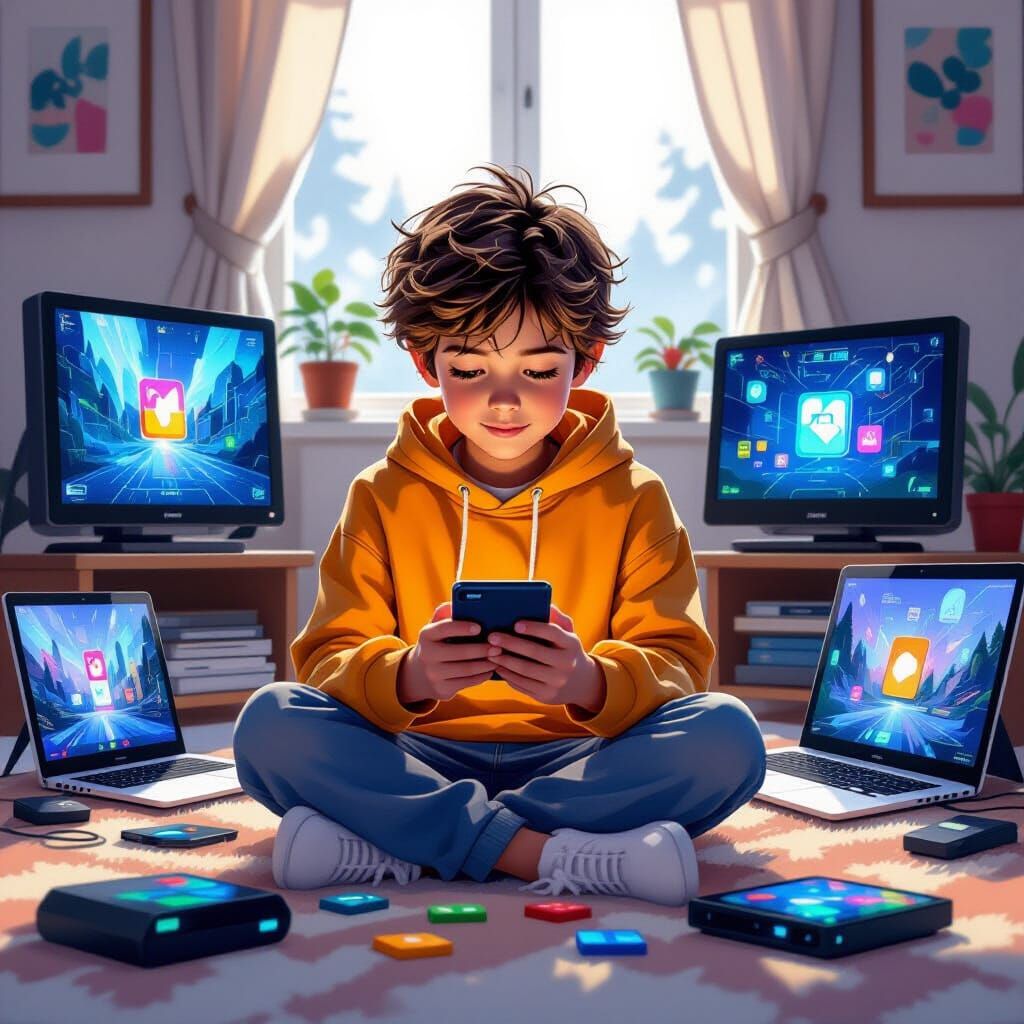 Boy Immersed in Digital Games, Futuristic Style