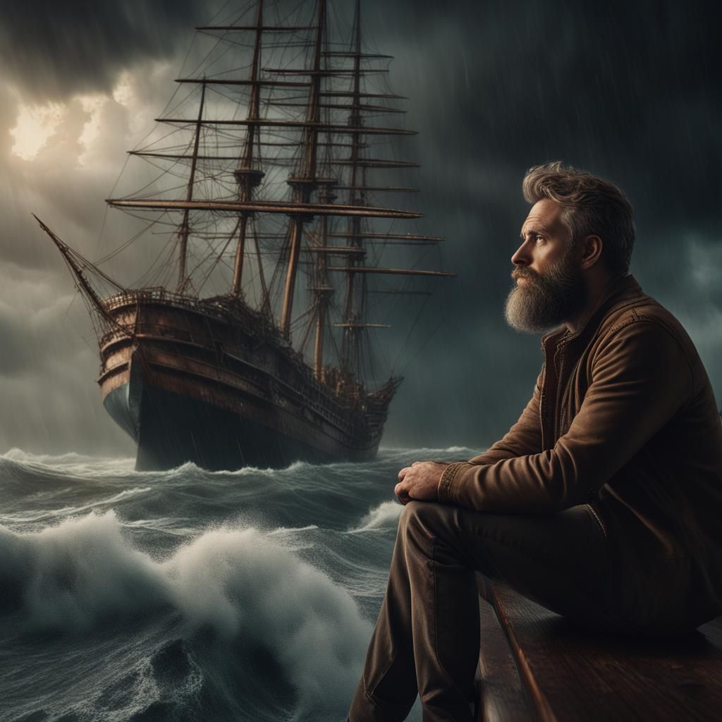 Bearded Man's Shipwreck Contemplation: Dramatic Digital Art