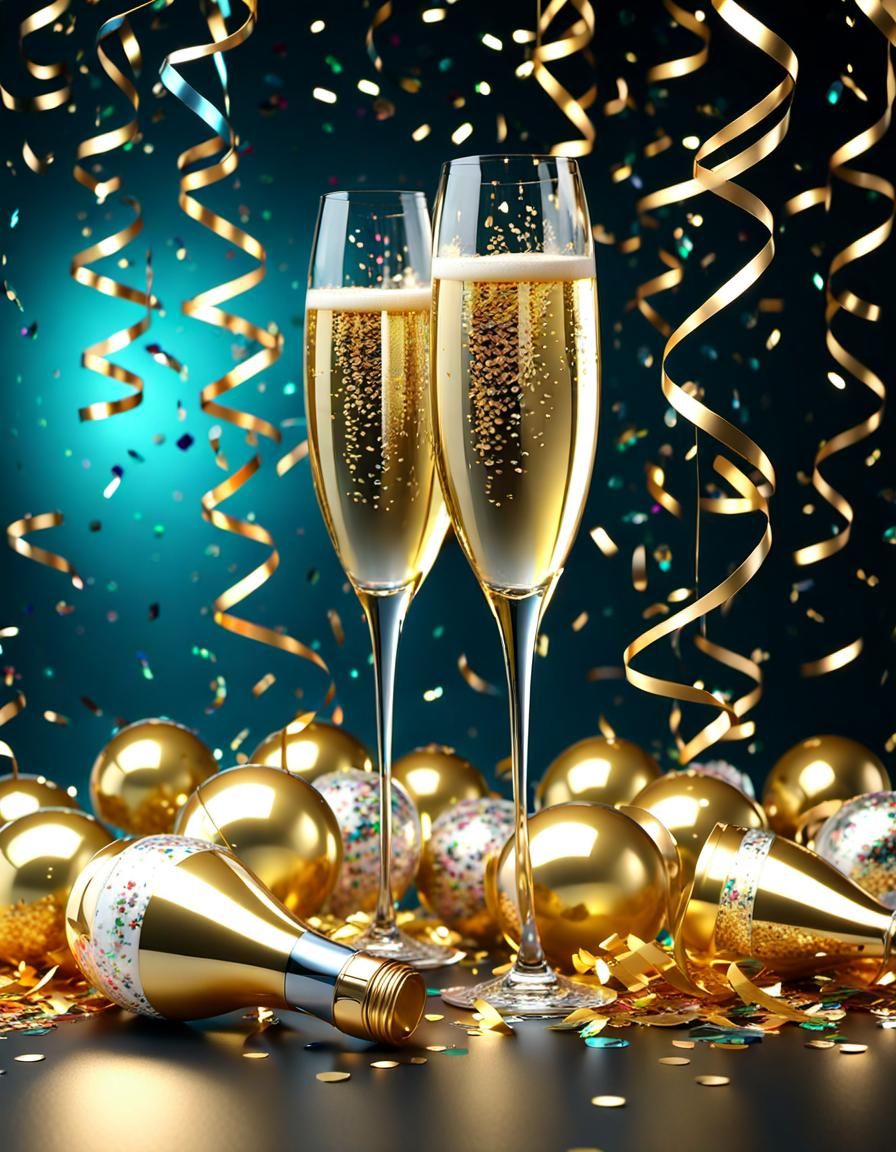Happy New Year
with Champagne Glasses and Streamers and tons of Confetti