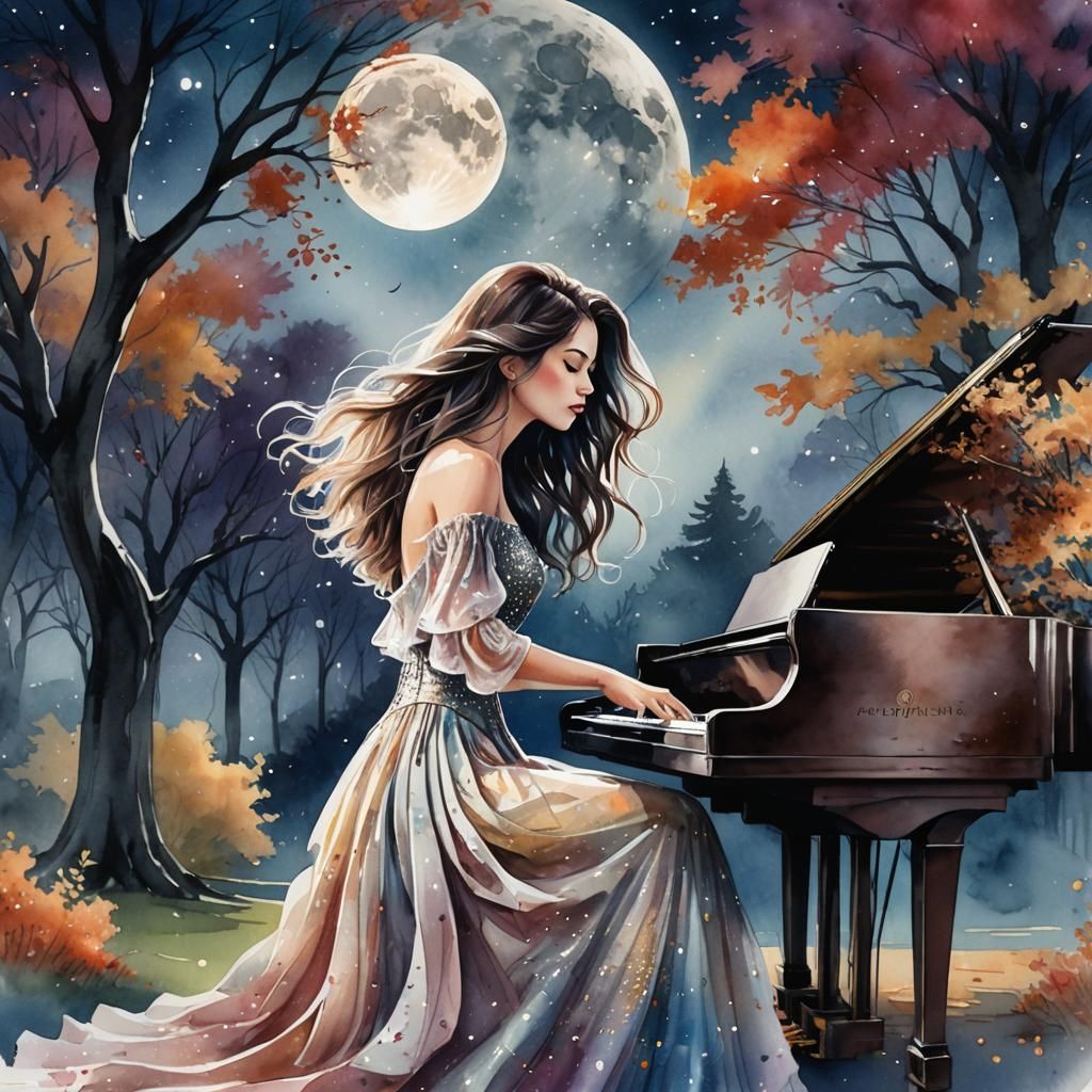 Girl Playing Piano in Ethereal Moonlit Landscape