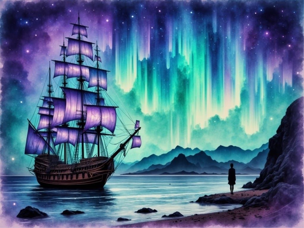Majestic Galleon Under Aurora Borealis in Digital Watercolou...