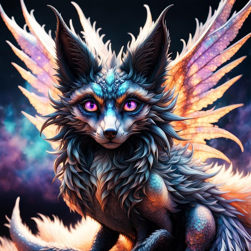Winged Fox Dragon Hybrid with Iridescent Fire