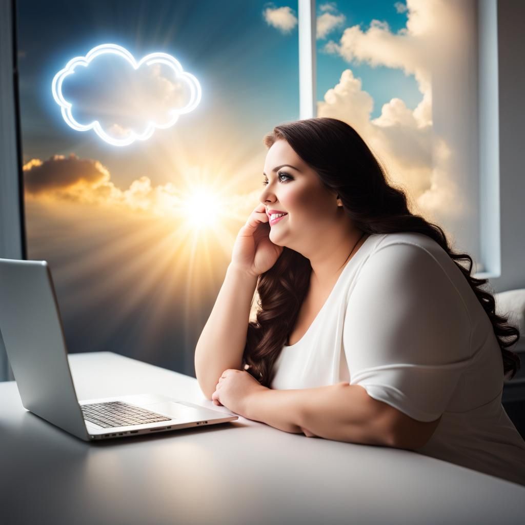 Brunette Woman in Digital Chatroom with Divine Sunshine