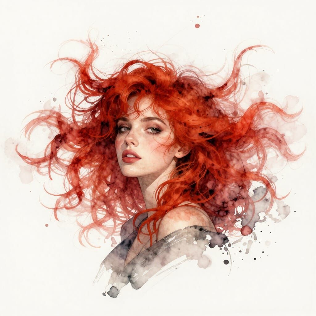 Expressionist Watercolour of Chaotic Red Hair in White Space