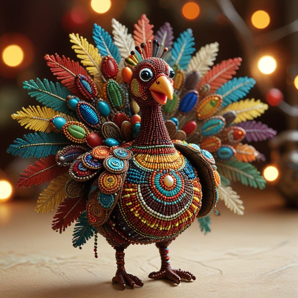Folk Art Beaded Turkey Doll in Naive Style