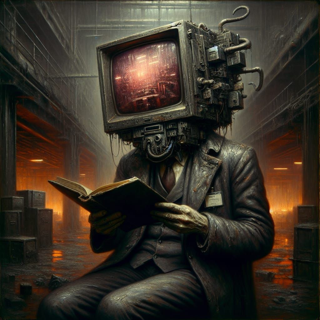 A disheveled figure in a stained suit and tie sits hunched o...