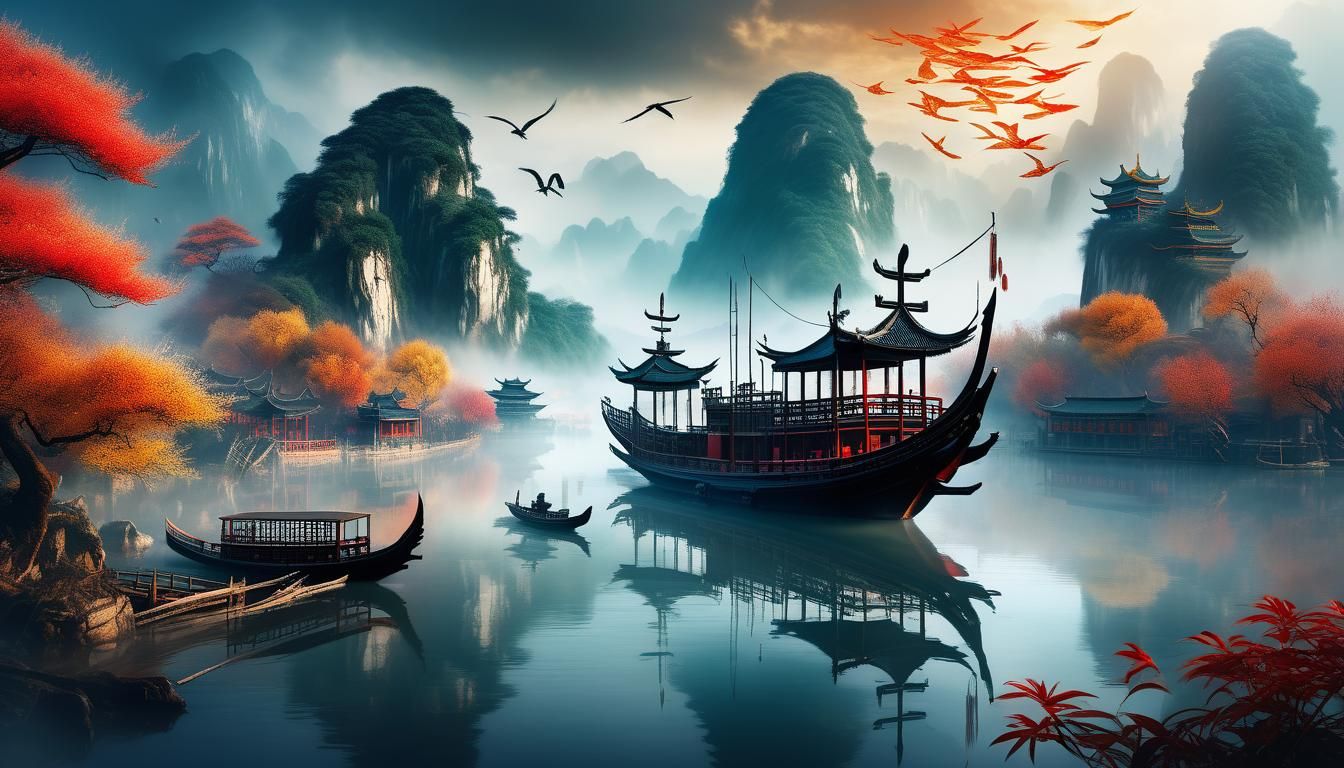 Chinese River Scene with Tattoo Elements, Digital Painting