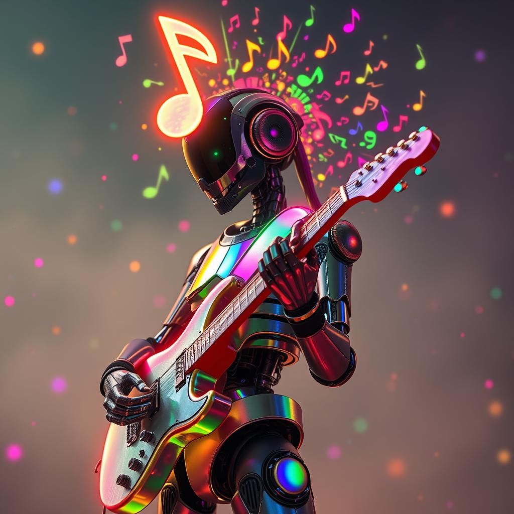 Robot Rocker Plays a Neon Guitar