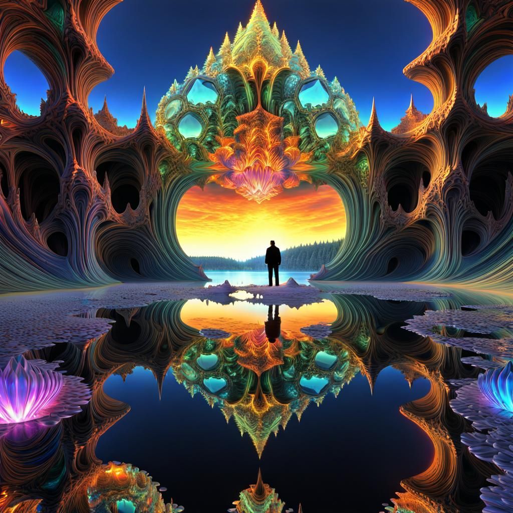 Fractal Lake Shore with Crystal Formations and Portals