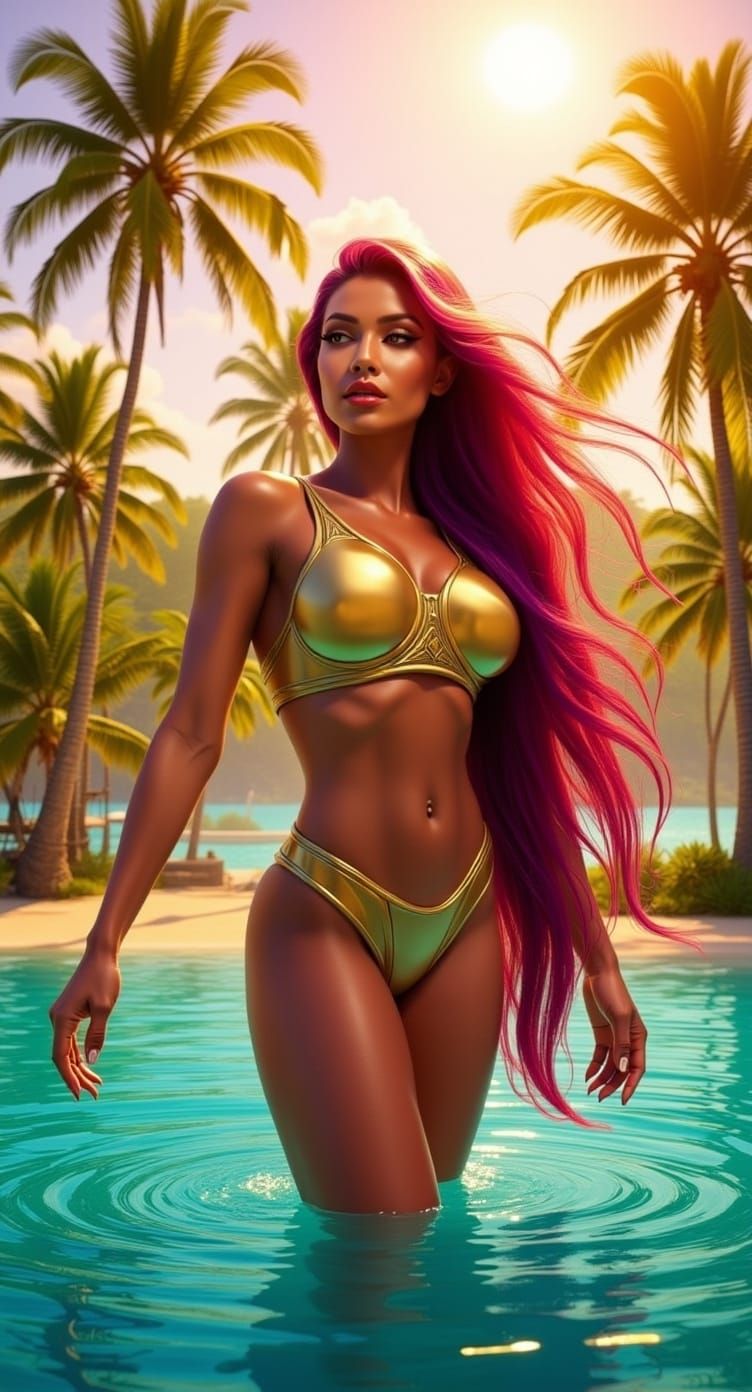 Futuristic Woman Emerges from Crystal Waters in Tropical Par...
