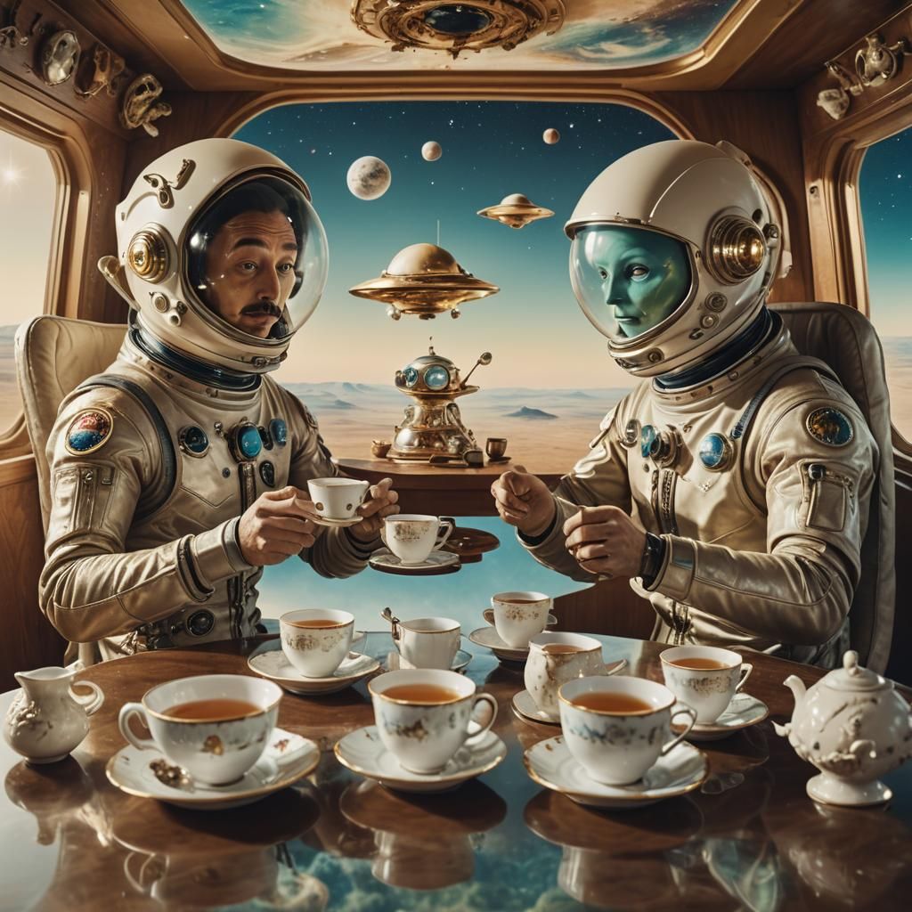 Surreal Tea Party in Space: Dali-esque Scene