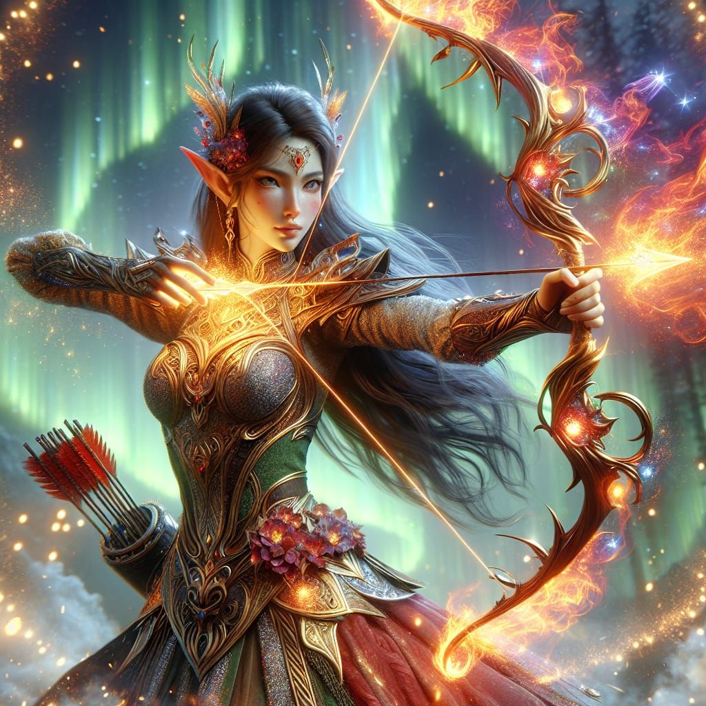 Elfin Sorceress Wielding Flame Bow in High Fantasy Art