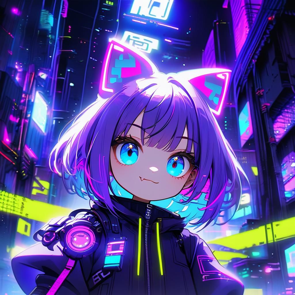 Cyberpunk Catgirl with Purple Hair and Blue Eyes