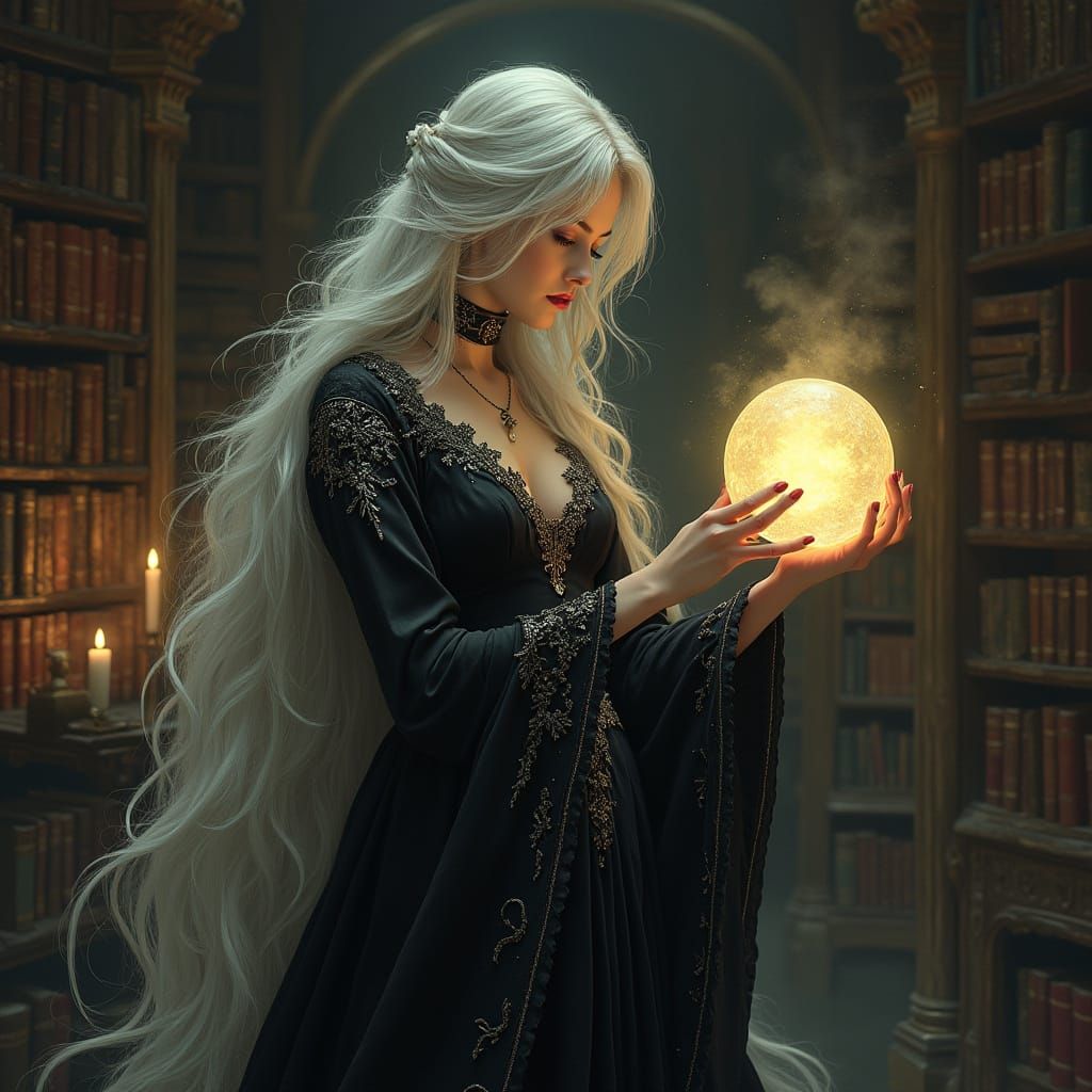 Mysterious Sorceress in Gothic Library, Art Nouveau Style