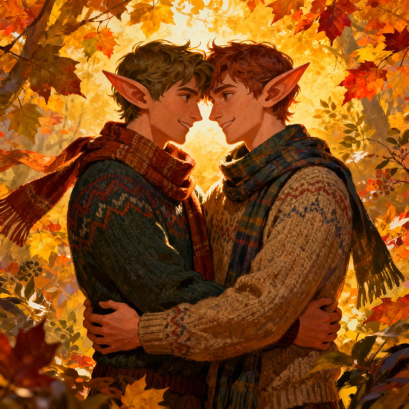 Elven Couple Embracing in Autumn Light
