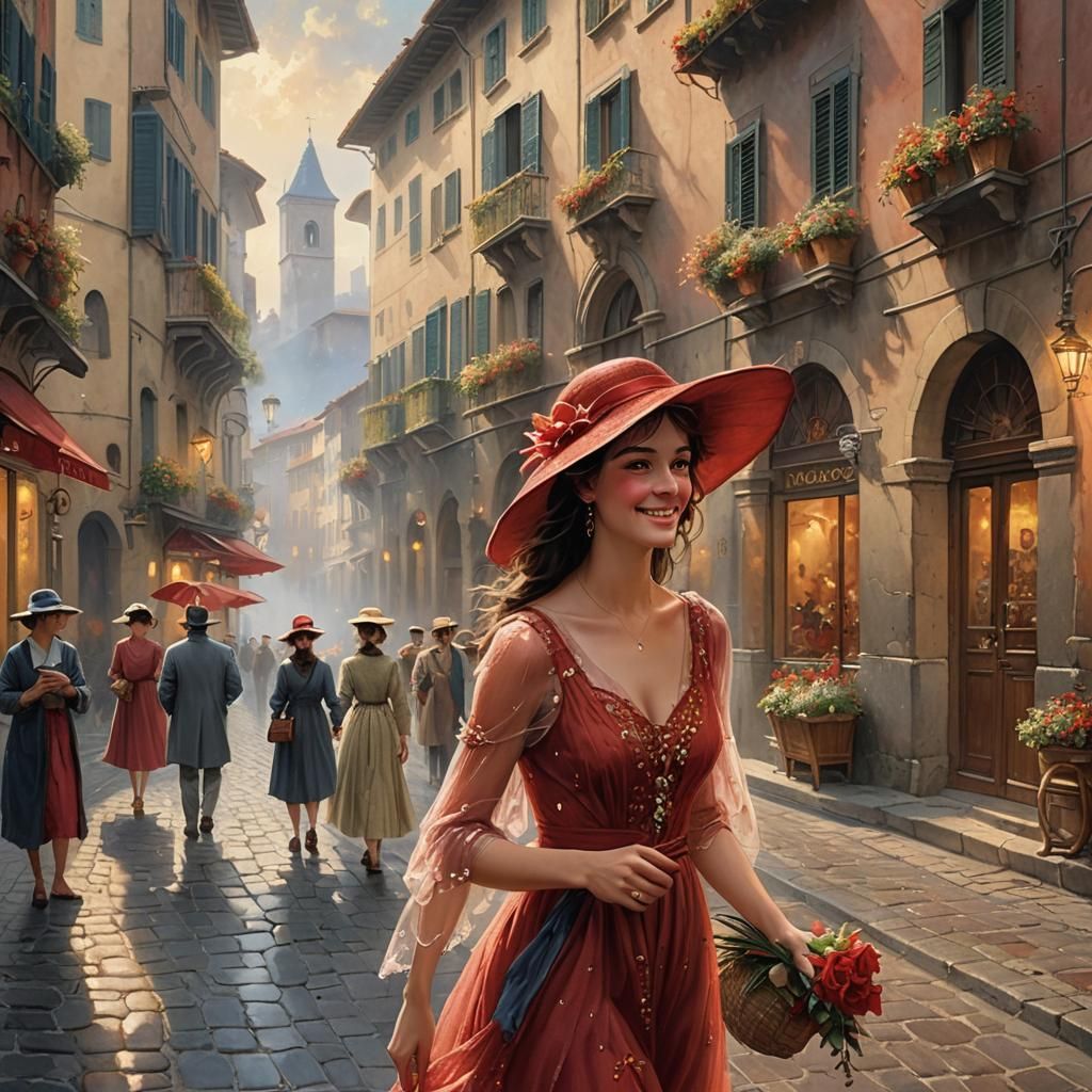 Woman's Stroll in Florence: Ethereal Fantasy Art