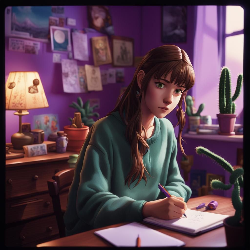 Anime portrait of a beautiful woman writing at a desk.