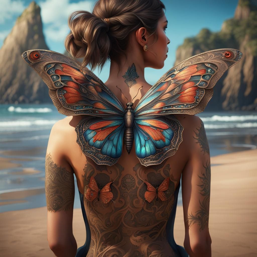 Girl with Butterfly Tattoo on Beach: Fantasy Art