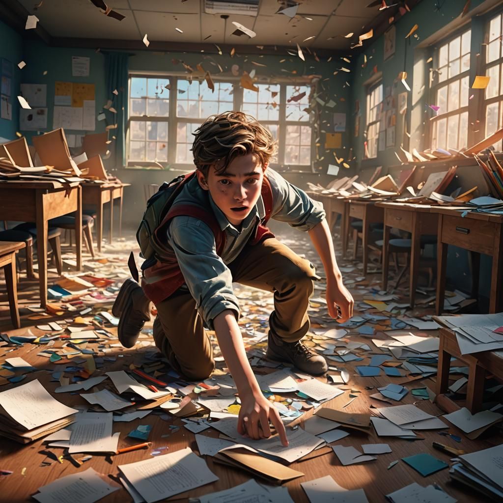 Schoolboy Falling in Chaotic Classroom: Fantasy Concept Art