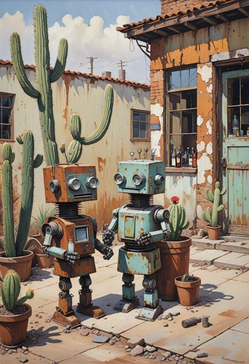 Rusty Bin Robots Amidst Desert Ruins