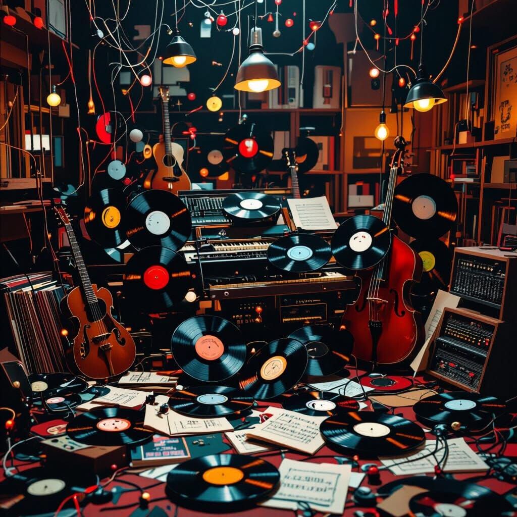 Surreal Fusion of Music Media in Dreamy Art Style