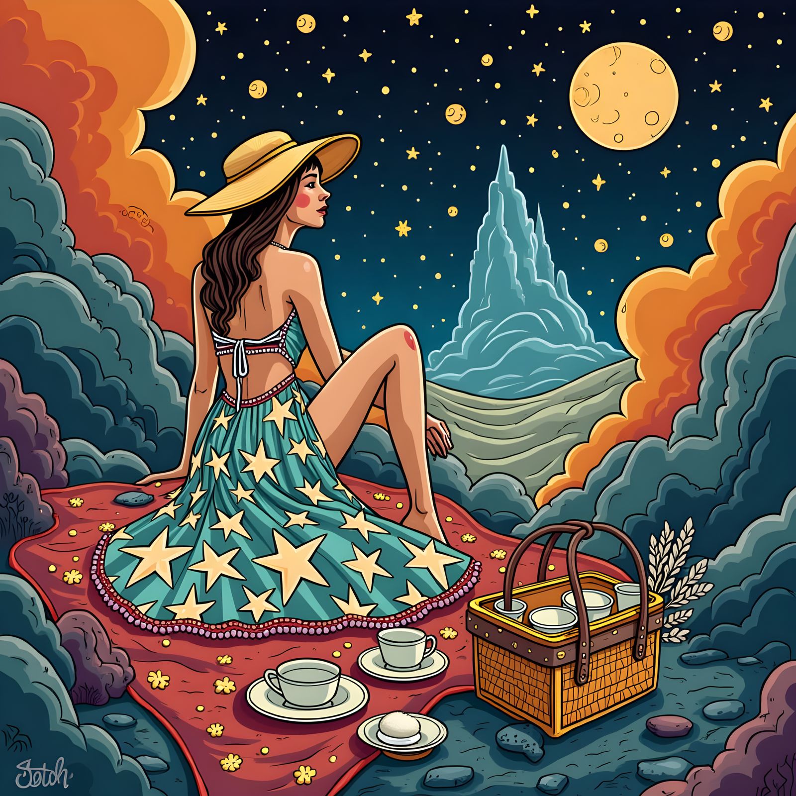 Cosmic Picnic on the Moon: Surreal Scene
