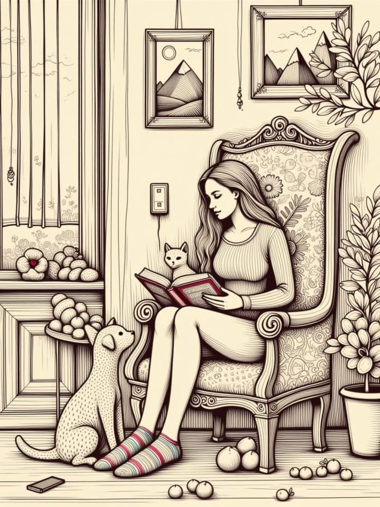 Whimsical Domestic Scene in Pencil Sketch Style