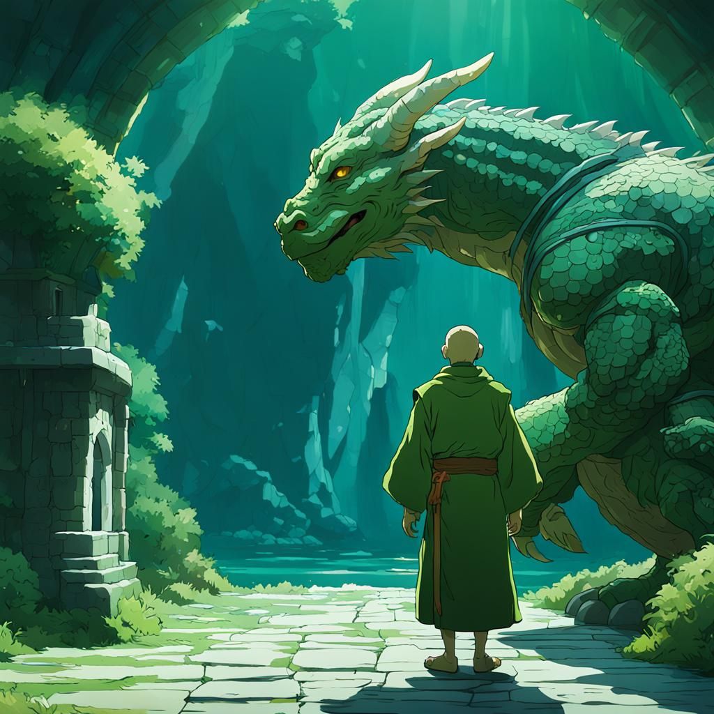 Green Dragonborn Monk in Studio Ghibli Anime Style
