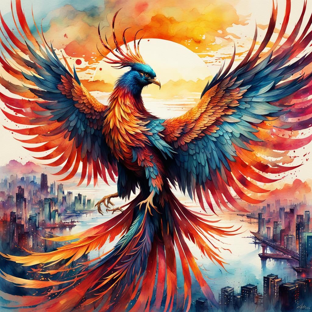 Chinese Phoenix in Digital Watercolor Illustration