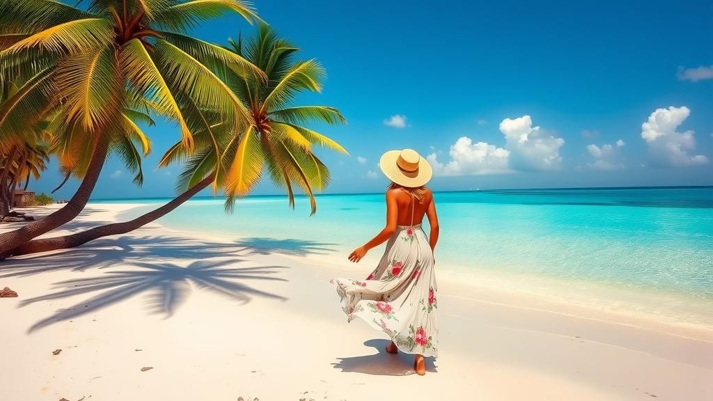 Tropical Island Woman in Flowy Sundress