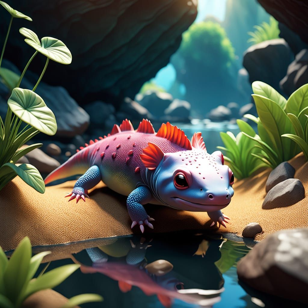 Whimsical Axolotl Adventure in Sunny River Scene