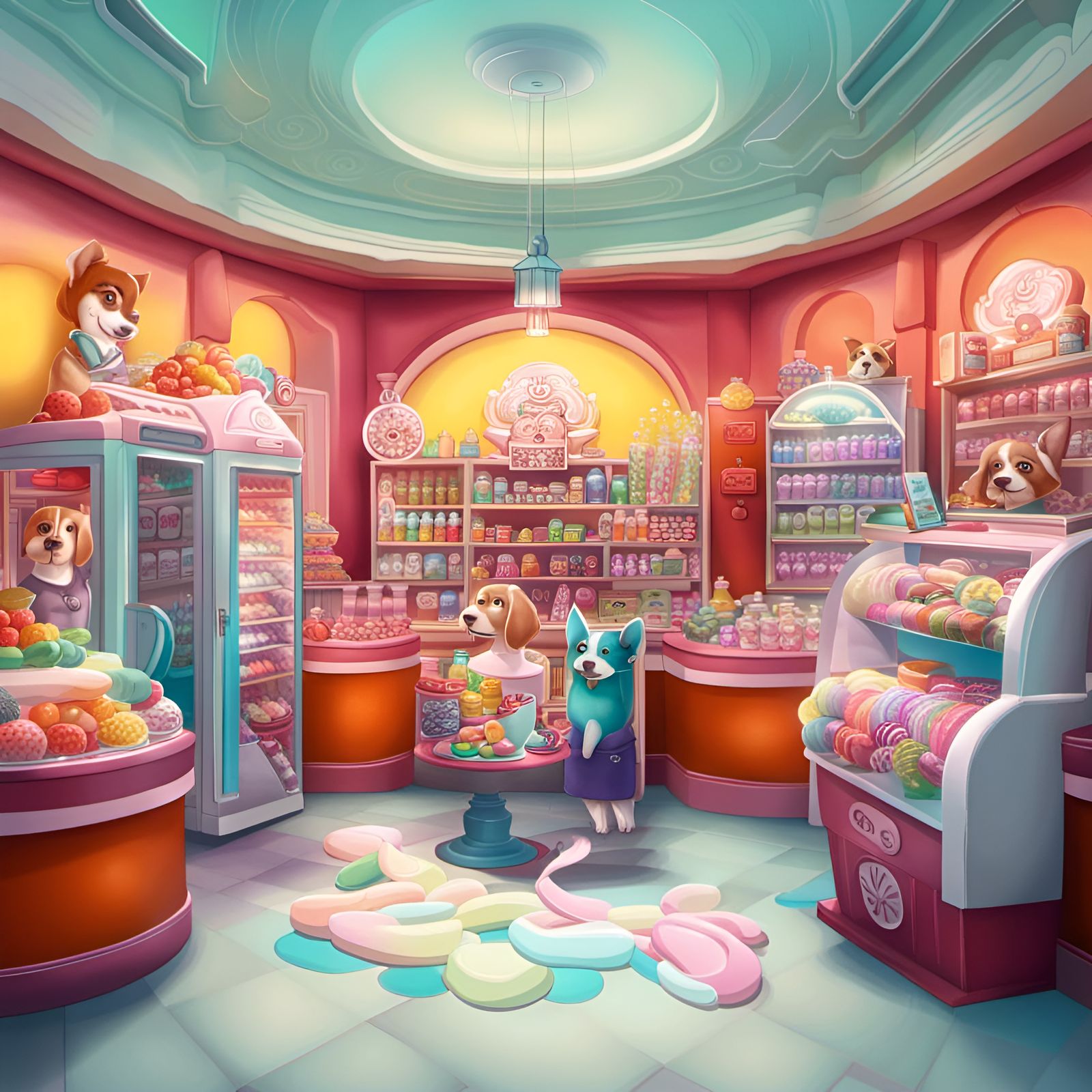 Candy Shop Dogs in Hyperdetailed Candyland Art