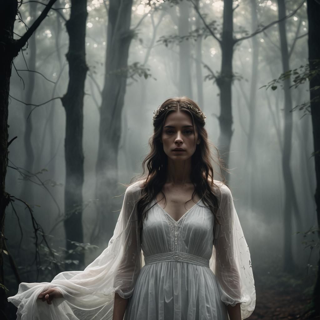Ethereal Ghostly Lady in Misty Forest Portrait